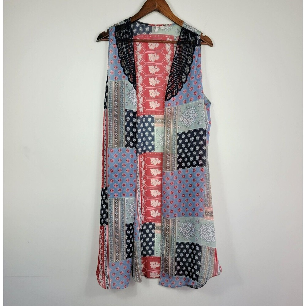 Cato Est 1946 Women's Large‎ Boho Kimono Duster Patchwork Pattern Lace Accent